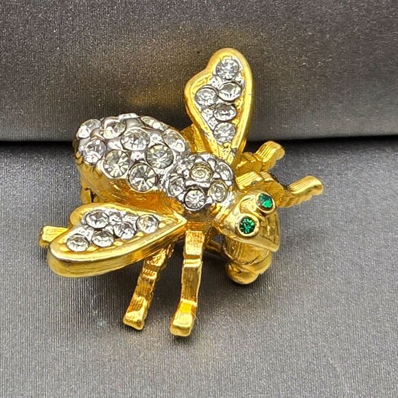 VTG Joan Rivers Bee Brooch 7/8" Clear Rhinestones Green Eyes Gold-Tone Signed - Picture 2 of 8
